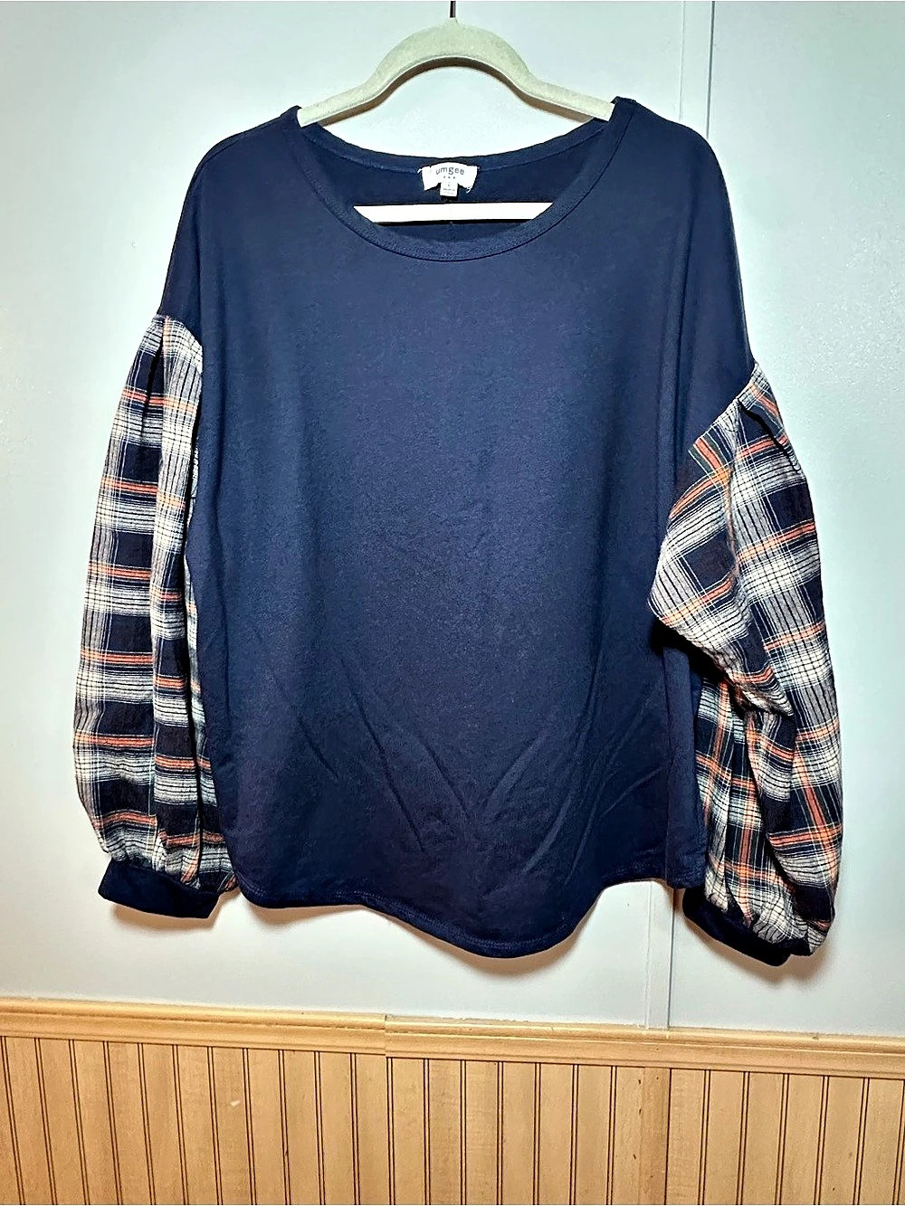 Umgee Women's Boho Blue Plaid Long Sleeve Knit Top Cottagecore Fall Farmhouse